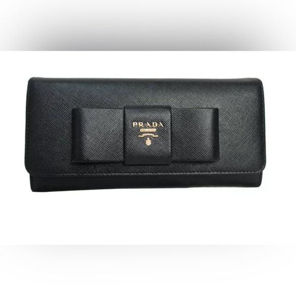 Prada ribbon long saffiano black continental bow wallet with Prada box - Picture 4 of 16